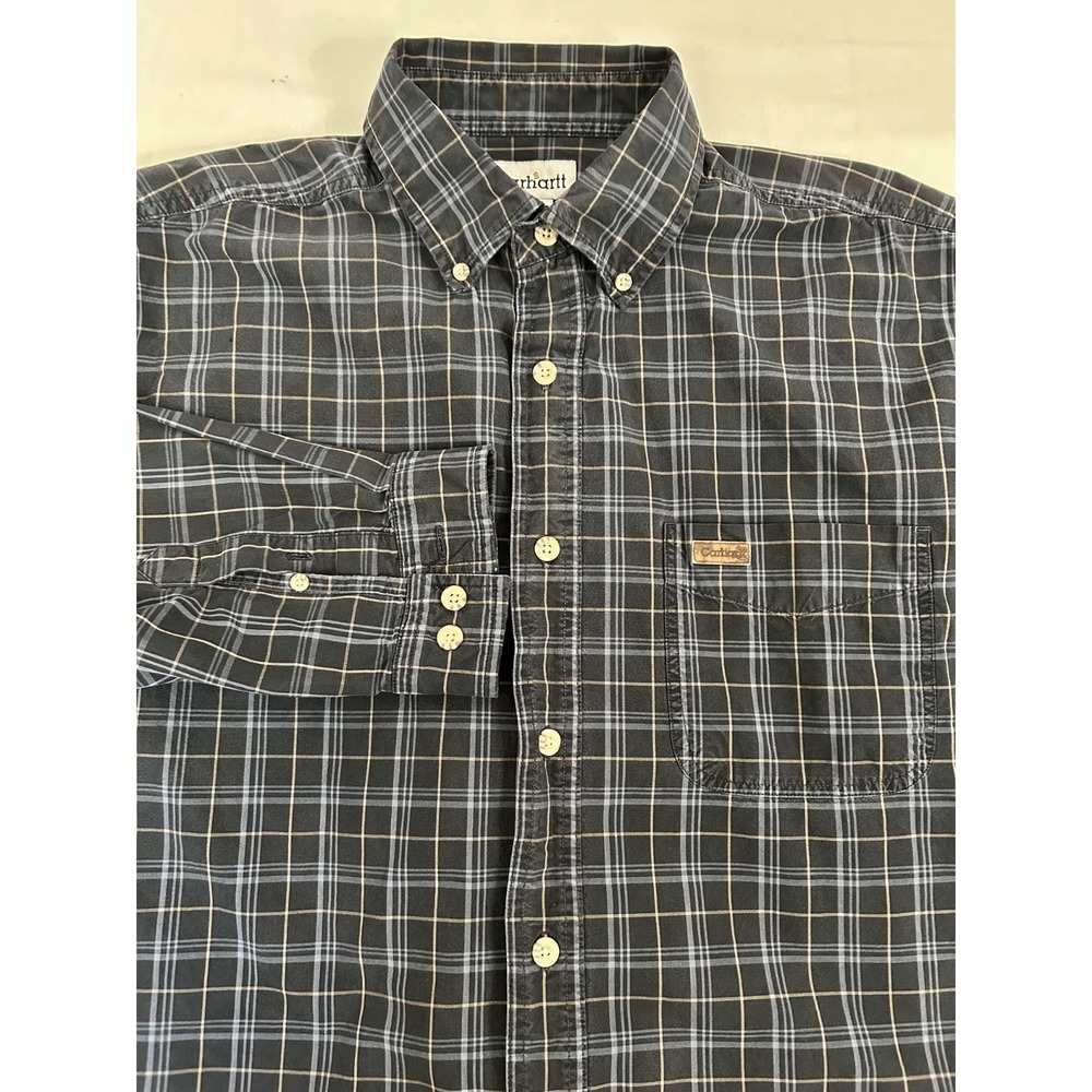 Carhartt Cotton Shirt Men's L Black Plaid Work Wear Long Sleeve Button Down
